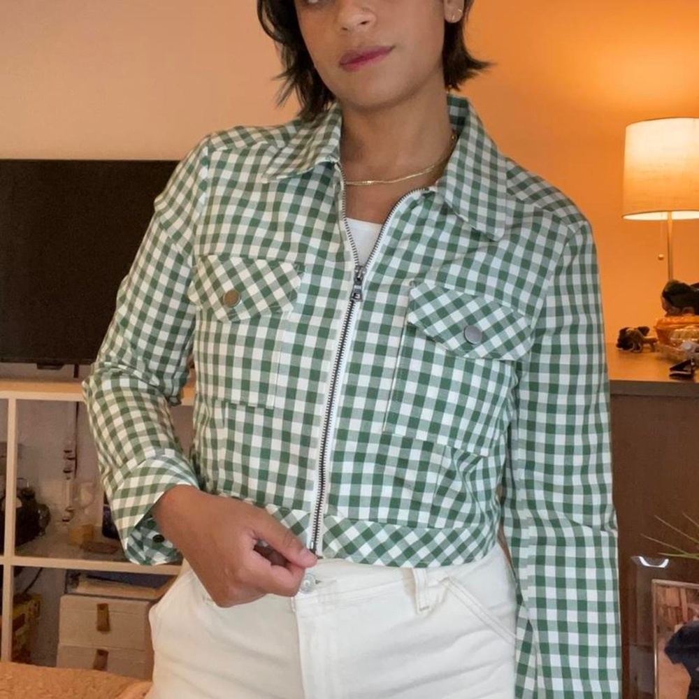 Urban Outfitters Cropped Green Gingham Shirt Jacket